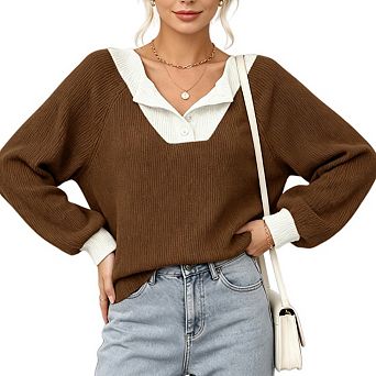 Women's Fall V Neck Patchwork Long Sleeve Button Up Casual Pullover Sweatshirt Daily Outdoor Outfit