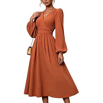 Women's V Neck Long Sleeve Swiss Dot Ruffle A Line Boho Maxi Dress Summer Vacation Casual Outfit