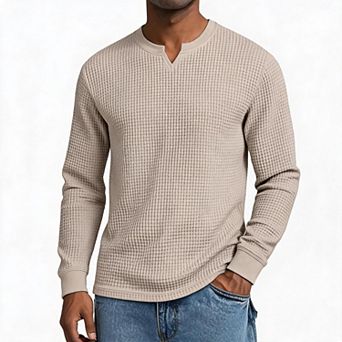 Mens Shirt Waffle Top Long Sleeve Henley Notch Neck Pullover Loose Fit Casual Tee For Daily Travel