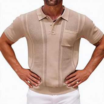 Mens Polo Shirt Knit Top Short Sleeve Striped Textured Pullover With Chest Pocket For Business Daily