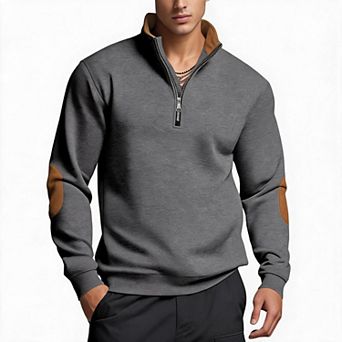 Mens Sweatshirt Quarter Zip Pullover Stand Collar Long Sleeve Top Elbow Patch Design For Casual
