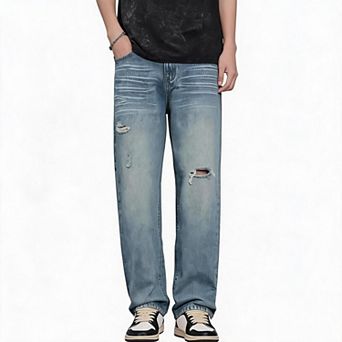 Mens Jeans Denim Pants Ripped Wide Leg Trousers Vintage Washed Loose Fit Streetwear Pants For Daily