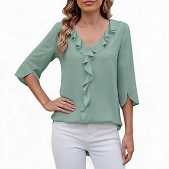 Ruffle V Neck Tops for Women 3/4 Sleeve Shirts Cute Blouse Casual T Shirt