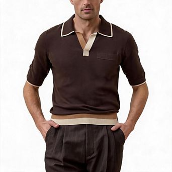 Mens Polo Shirt Knit Top Short Sleeve Collared Tipped Pullover Vintage Style With Chest Pocket