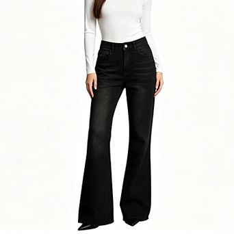 Women's Mid Rise Bootcut Jeans, Vintage Washed Raw Hem Classic 5 Pocket Long Denim Pants