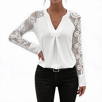 V Neck Tops for Womens Elegant Blouse Lace Raglan Long Sleeve Shirts Pleated Front Casual Tunic Top