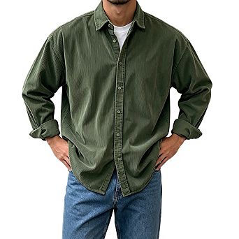 Men Long Sleeve Button Front Corduroy Shirt Relaxed Fit Casual Outerwear
