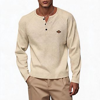 Men Waffle Knit Henley Long Sleeve Shirts Raglan Sleeve Mini Leather Patch Casual Pullover Tops