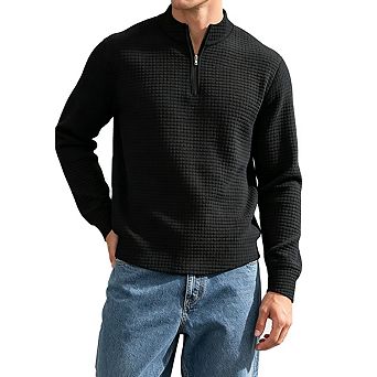 Men Mock Neck Long Sleeve Waffle Knit Pullover Relaxed Fit Casual Sweatshirt
