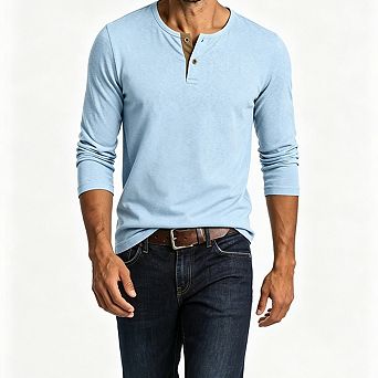 Men Long Sleeve Henley Shirt Contrast Placket Notch Neck Regular Fit Casual Pullover Top