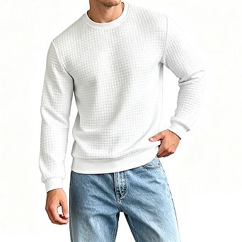 Men Crew Neck Long Sleeve Waffle Knit Pullover Relaxed Fit Casual Sweatshirt