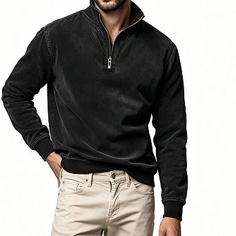 Men Vintage Quarter Zip Pullover Stand Collar Long Sleeve Rib Cuff Regular Fit Casual Sweatshirt Top