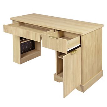 55" Modern Fluted Desk w/ Storage, Drawers, Outlet, Pegboard, Shelves & KB Tray for Home Office