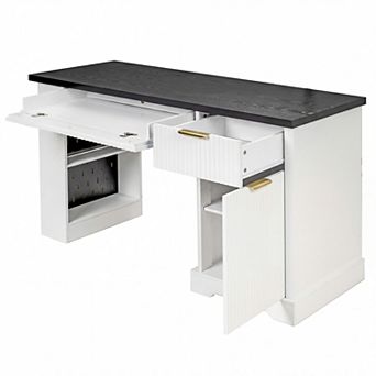 55" Modern Fluted Desk w/ Storage, Drawers, Outlet, Pegboard, Shelves & KB Tray for Home Office