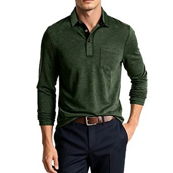 Men's Long Sleeve Polo Shirt Casual Regular Fit Daily Wear Pullover Top with Chest Pocket