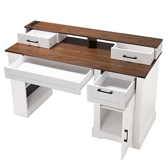 55" Farm Desk with Storage, Charge, Barn Dr, KB Tray, Mon Stand, Pegboard - Study/Liv/Home Off