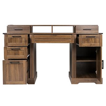 59" Farmhouse Desk with Charging, Storage, Barn Dr, File Dr, Mon Stand & KB Tray