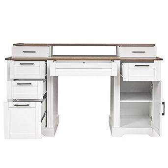 59" Farmhouse Desk with Charging, Storage, Barn Dr, File Dr, Mon Stand & KB Tray