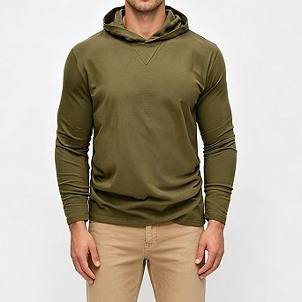 Men's Long Sleeve Hooded T Shirt Lightweight Pullover Casual Hood Top V Notch Neck Basic Shirts