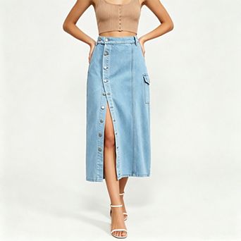 Women's High Waist Button Front Slit Denim Midi Skirt Cargo Pocket Casual Long Jean Skirt