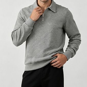 Men's Quarter Zip Pullover Sweatshirt, Collared Diamond Jacquard Long Sleeve Casual Top