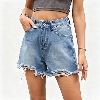 Wealywa High Waist Ripped Denim Shorts Frayed Edge Jeans