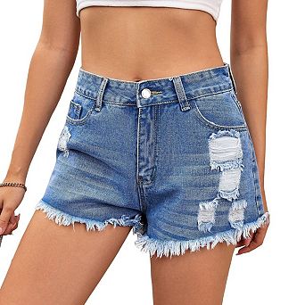 Wealywa Women High Waisted Ripped Denim Shorts Raw Hem Distressed Casual Jean Shorts