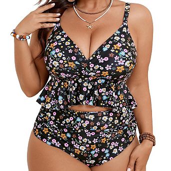 Women Plus Size Two Piece Bikini Set Floral Print Ruffle Hem High Waist Tummy Control Swimwear