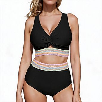 Women Two Piece Bikini Set Twist Front V Neck High Waist Contrast Trim Swimwear