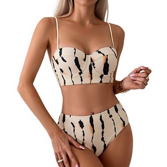 Women Two Piece Bikini Set Strapless Sweetheart Neck Removable Strap High Waist Swimwear