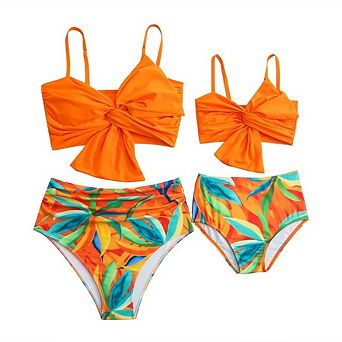 Women Two Piece Bikini Set Twist Front Cutout Top Marble Print High Waist Swimwear
