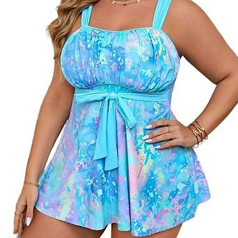 Women Plus Size Swim Dress Tie Dye Square Neck Waist Tie Skirted One Piece Swimsuit