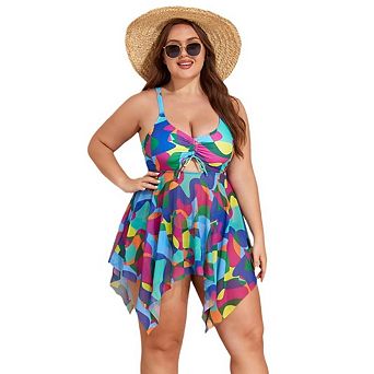 Women Plus Size Swim Dress Abstract Print Twist Front Asymmetric Hem One Piece Swimsuit