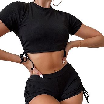 Women Two Piece Ribbed Swimsuit Short Sleeve Crop Top Drawstring Side High Waist Shorts Set