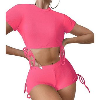 Women Two Piece Ribbed Swimsuit Short Sleeve Crop Top Drawstring Side High Waist Shorts Set