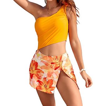 Women Two Piece Swim Set One Shoulder Crop Top Leopard Floral Print Wrap Skirt Bottom