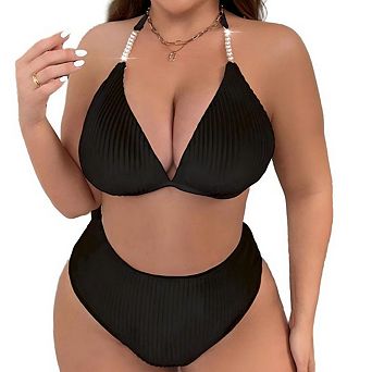 Women Plus Size Two Piece Bikini Set Ribbed Halter Neck Pearl Strap High Waist Swimwear
