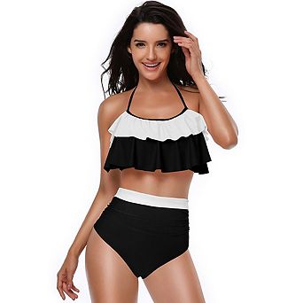 Women Two Piece Bikini Set Halter Neck Ruffle Layered Top High Waist Contrast Trim Swimwear