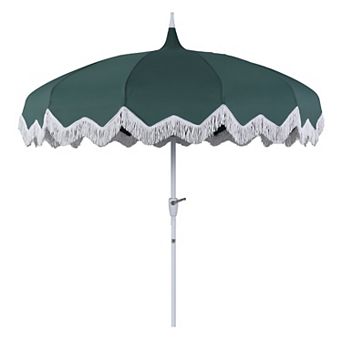 Delphine 8 ft. Fringe Pagoda Market Patio Umbrella with Auto-Tilt Crank, Wind Vent and UV Protection