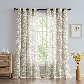 Set of 2 Leaf Print Sheer Curtains Light Filtering Linen Textured Draperies