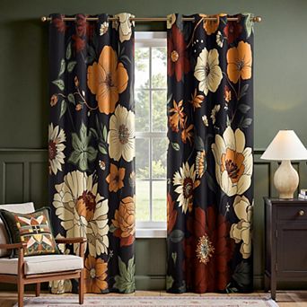 Set of 2 Vintage Floral Boho Grommet Room Darkening Curtains