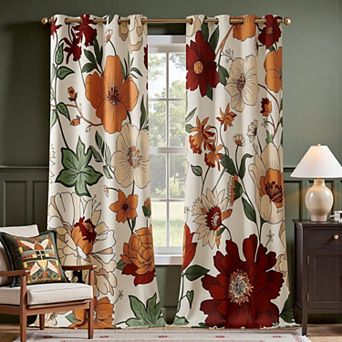 Set of 2 Vintage Floral Boho Grommet Room Darkening Curtains