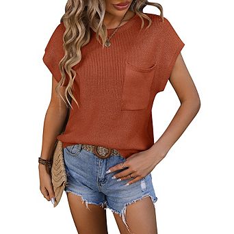 Womens Short Cap Sleeve Sweater Crew Neck Chest Pocket Loose Fit