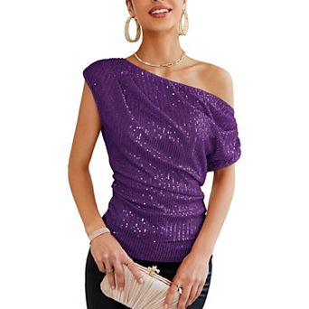 Women's One Shoulder Ruched Sequin Top Asymmetrical Glitter Shirt