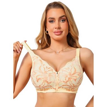 Women's Lace Front Zipper Closure Wireless Bra Push Up Full Coverage Lightly Padded Lingerie