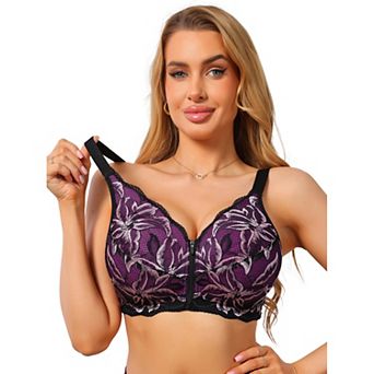 Women's Lace Front Zipper Closure Wireless Bra Push Up Full Coverage Lightly Padded Lingerie