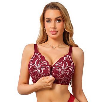 Women's Lace Front Zipper Closure Wireless Bra Push Up Full Coverage Lightly Padded Lingerie