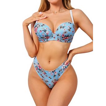 Women's Lingerie Set Floral Underwire Push Up Bra and Low Waisted Panty 2 pc Underwear
