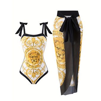 Women's 2 pc Lion Print One-Piece Swimsuit with Sheer Mesh Cover Up Skirt