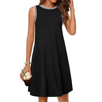 Women's Sleeveless Striped Trim Crew Neck T Shirt Dress Loose A Line Casual Swing Mini Dress